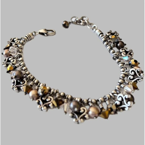 Brighton Bronze Faux Pearl Silver Bead Crystal Charm Bracelet - Picture 2 of 5
